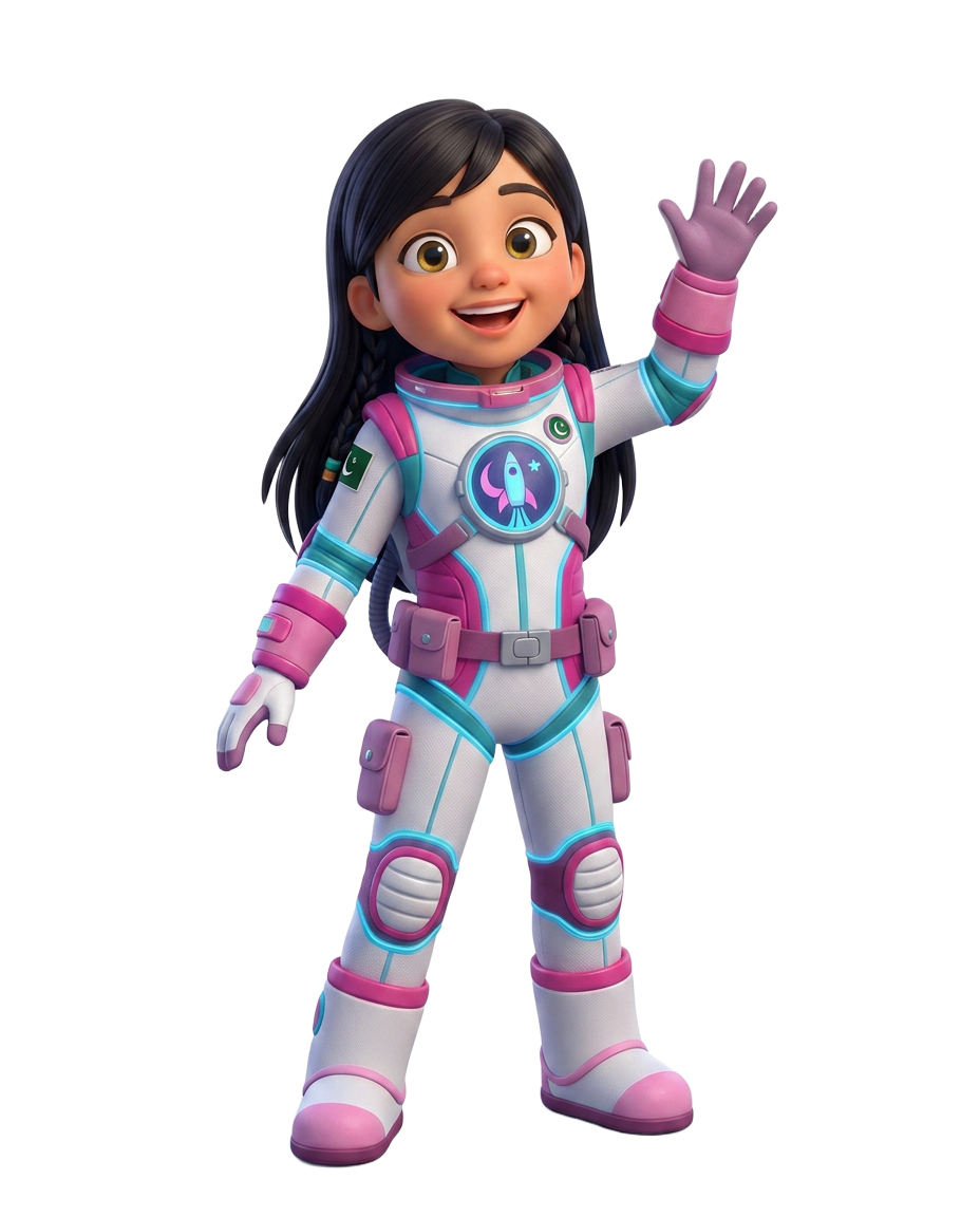AUJ, a young Pakistani astronaut, waving hello in her pink and white spacesuit